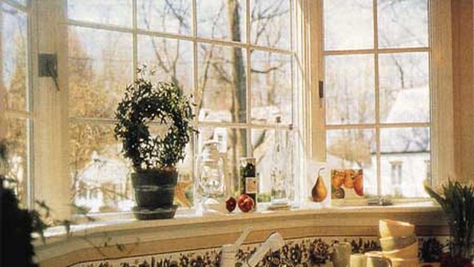 A Bay window with a potted plant sitting on it's sill.