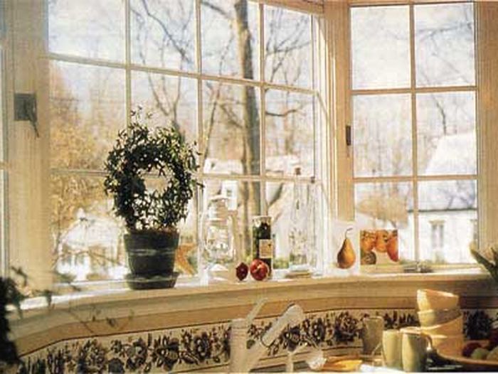 A Bay window with a potted plant sitting on it's sill.