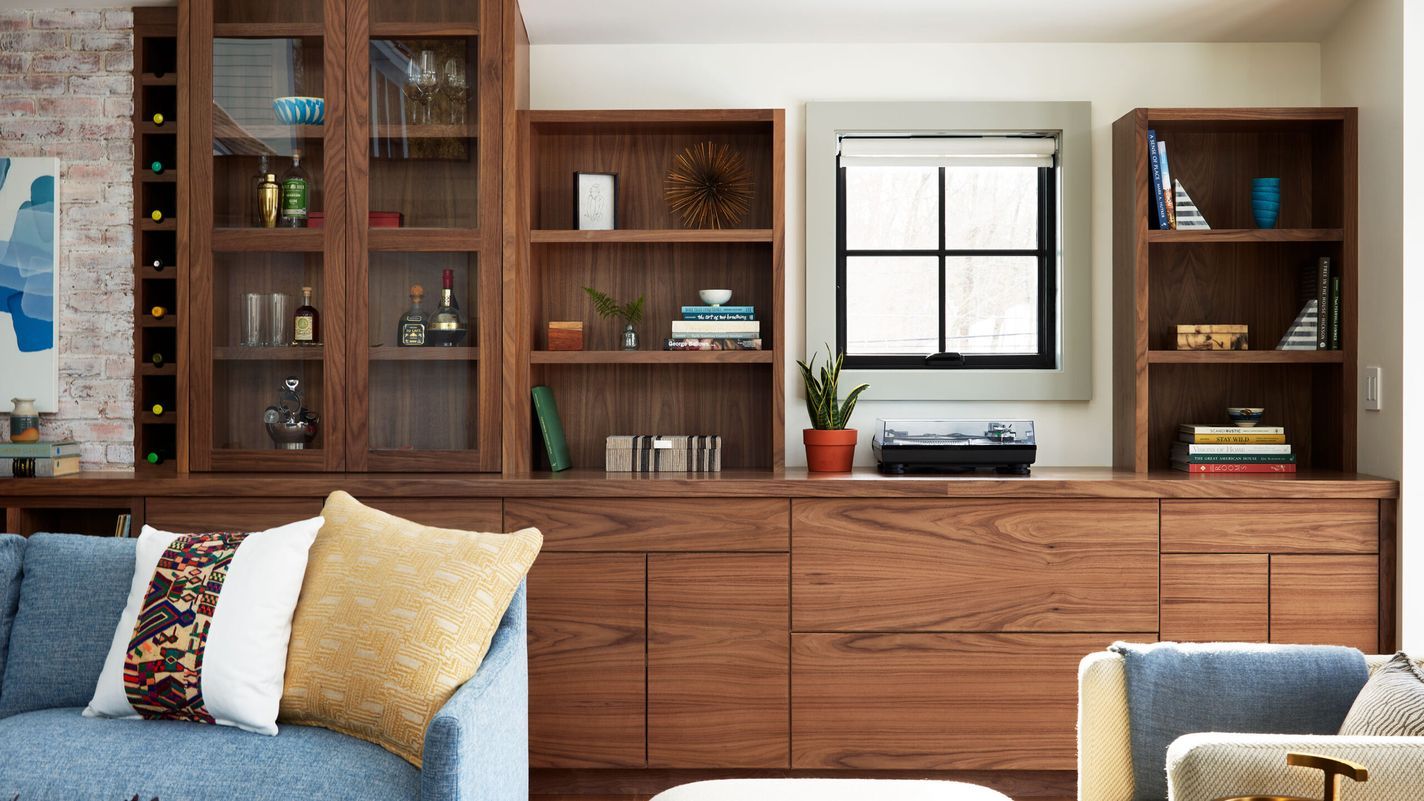 Living room with wood bookshelves