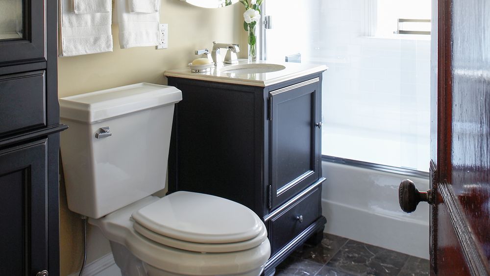 Looking into a classic bathroom with a toilet and cabinet.